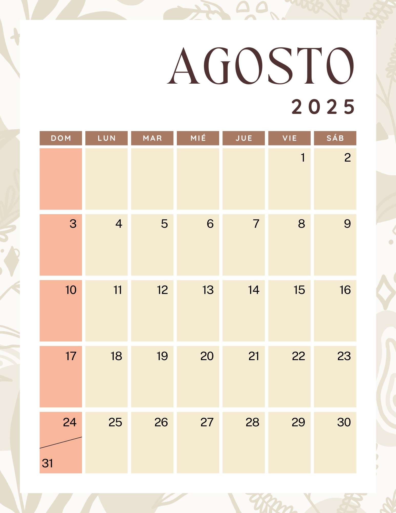 Calendario Agosto 2025