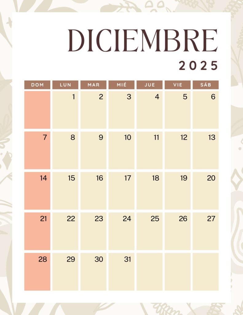 Calendario diciembre 2025