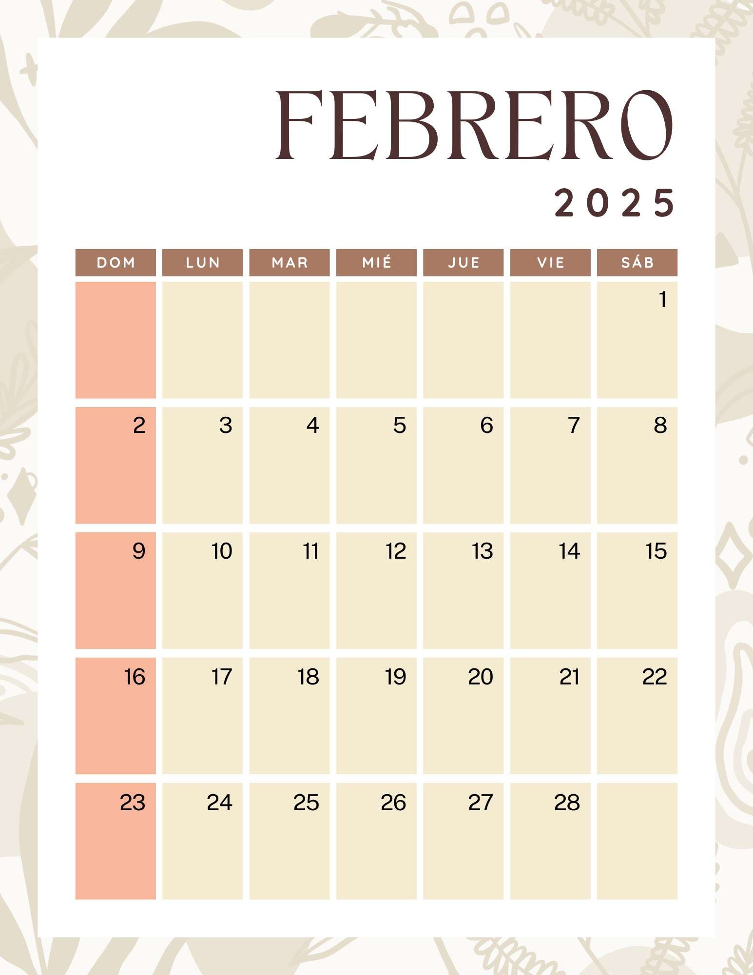 Calendario de febrero 2025