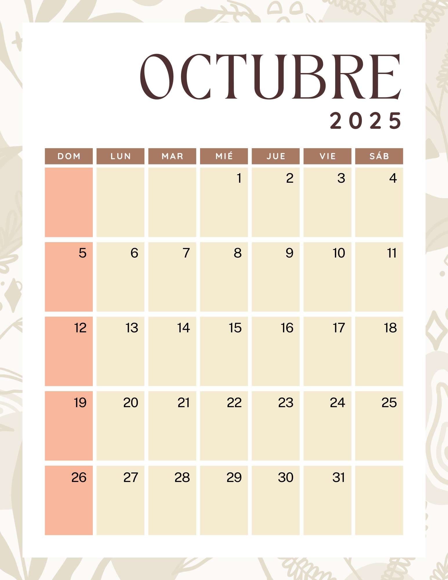 Calendario Octubre 2025